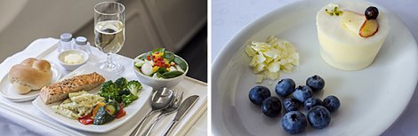 Tray with fine food, close up of desert